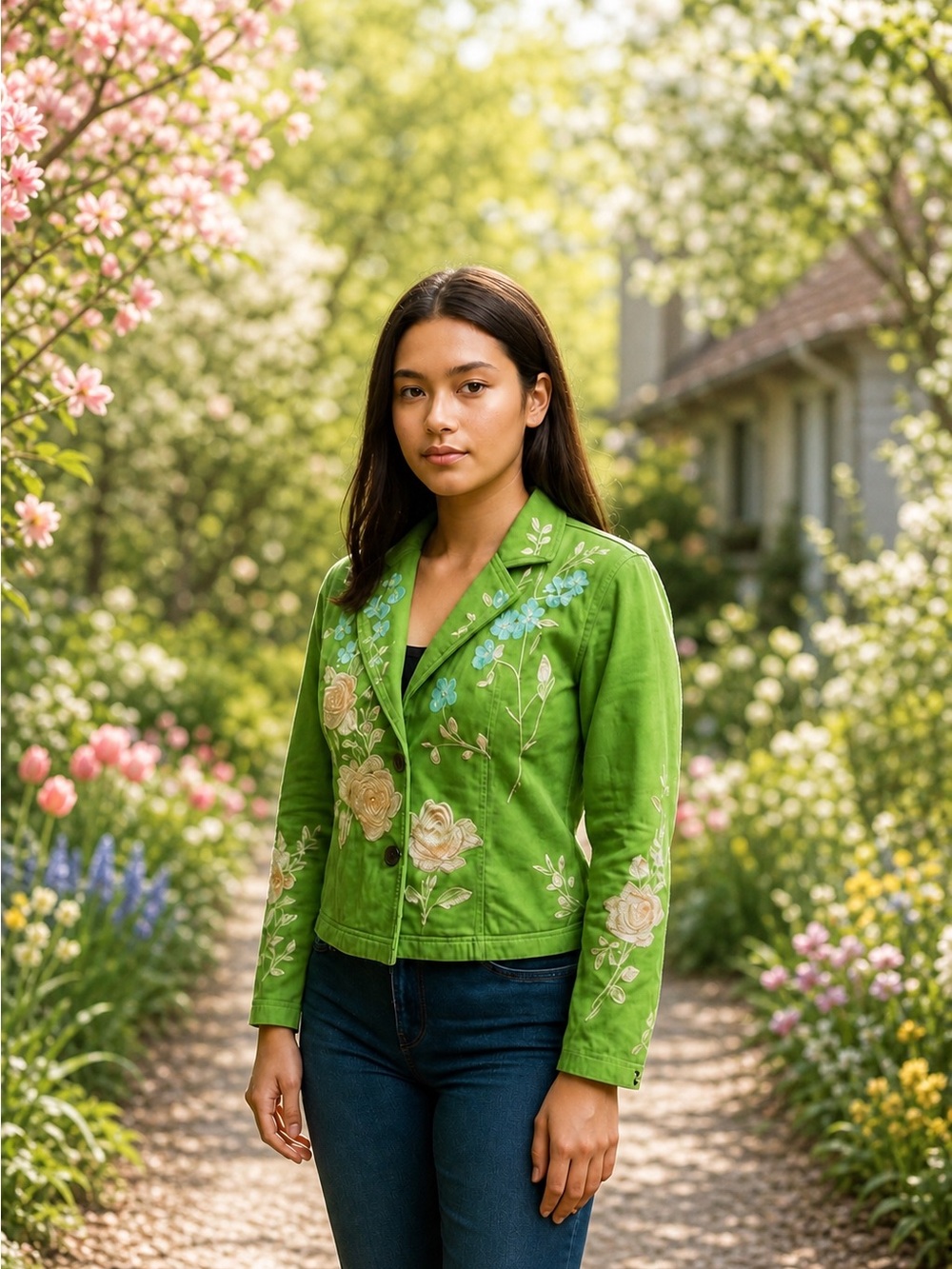 Two Ten Ten Five Embroidered Floral Green Jacket